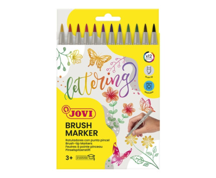 Jovi Brush Marker Pack de 12 Rotuladores Punta Pincel 4.5mm - Punta Suave y Flexible - Trazos Finos y Gruesos - Tinta Base Agua - Ideal para Lettering - Colores Surtidos