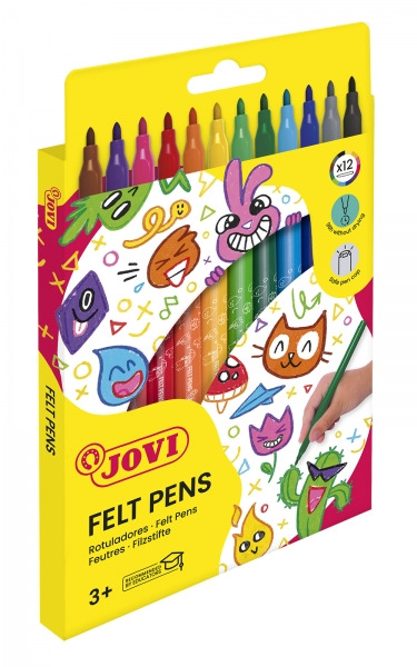 Jovi Felt Pens Estuche de 12 Rotuladores - Amplia Variedad de Tonos - Tinta de Gran Fijacion - Punta de 3mm - Capuchon de Seguri