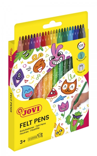 Jovi Felt Pens Estuche de 24 Rotuladores - Amplia Variedad de Tonos - Tinta de Gran Fijacion - Punta de 3mm - Capuchon de Seguri