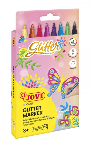 Jovi Glitter Marker Caja con 8 Rotuladores Efecto Purpurina - Tinta Base Agua - Grip Triangular Ergonomico - Punta Resistente -