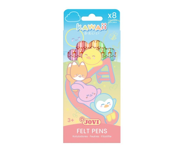 Jovi Kawaii Felt Pens Pack con 8 Rotuladores Punta Media de 3mm - Capuchon de Seguridad Ventilado - Grip Triangular Ergonomico -