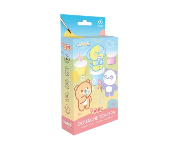 Jovi Kawaii Pack con 6 Botes de Tempera 35ml + Pincel - Secado Rapido - Excelente Adherencia - Lista para Usar - Colores Surtido