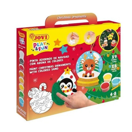 Jovi Play & Fun Kit Pinta con Arena Christmas Ornaments con 8 Botes de Arena + 1 Punzon + 3 Laminas con DiseÃ±os NavideÃ±os - Colores Surtidos