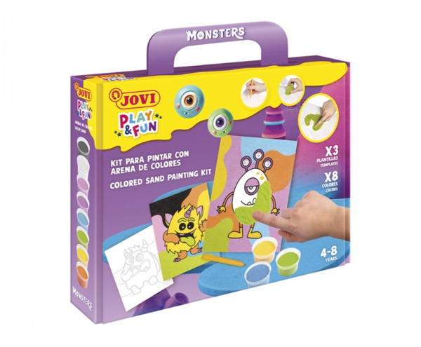 Jovi Play & Fun Kit Pinta con Arena Monsters con 8 Botes de Arena + 1 Punzon + 3 Laminas con Diseños de Monstruos - Colores Sur