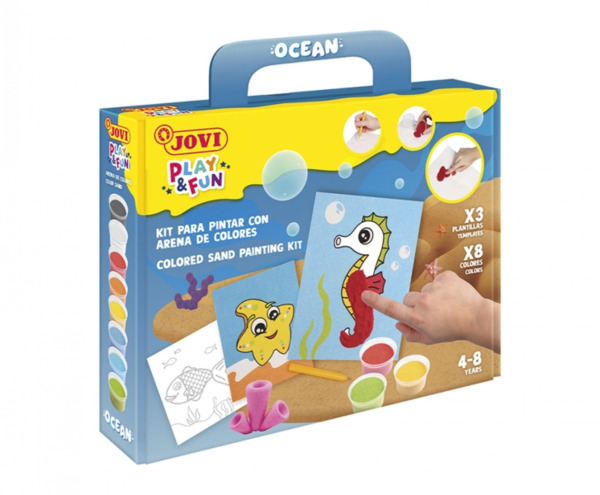 Jovi Play & Fun Kit Pinta con Arena Ocean con 8 Botes de Arena + 1 Punzon + 3 Laminas con DiseÃ±os de Animales Acuaticos - Color