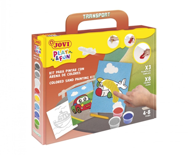 Jovi Play & Fun Kit Pinta con Arena Transport con 8 Botes de Arena + 1 Punzon + 3 Laminas con Diseños de Transportes - Colores
