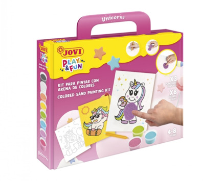 Jovi Play & Fun Kit Pinta con Arena Unicorns con 8 Botes de Arena + 1 Punzon + 3 Laminas con DiseÃ±os de Unicornios - Colores Surtidos