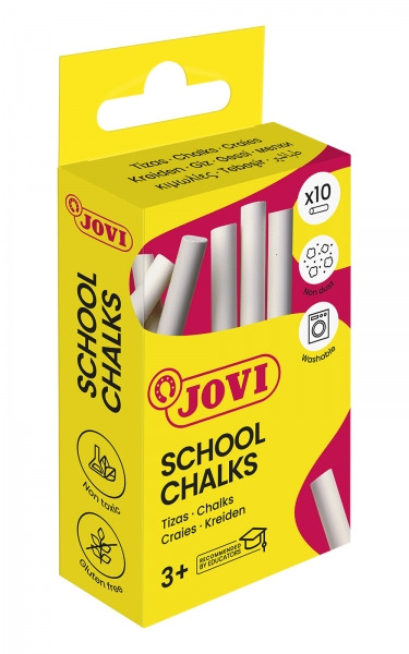 Jovi School Chalks Caja con 10 Tizas Blancas - Compactas - sin Polvo - Materias Primas Naturales - Trazos Nitidos - Faciles de B