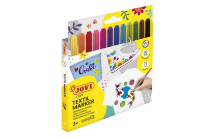 Jovi Textil Marker Estuche de 12 Rotuladores Textiles - Tinta Base Agua - Punta Pincel - Secado Rapido - Resistentes a Lavados - Ideales para Decorar Tejidos - Color Surtido