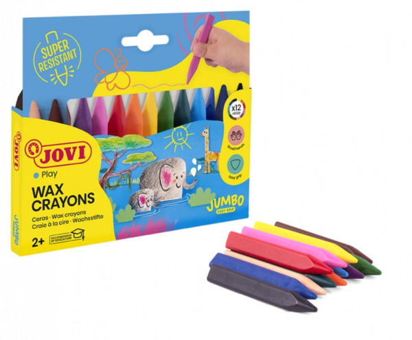 Jovi Triwax Estuche de 12 Ceras Triangulares - No Manchan - Trazo Suave - Gran Rendimiento - Apto para Sacapuntas - Libre de Ale