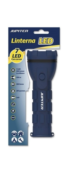 Jupiter Linterna de Luz Blanca 7 LED 100lm - Cuerpo de Goma - Resistencia IP44 - Funciona con 2 Pilas D R20 (No Incluidas) - Col