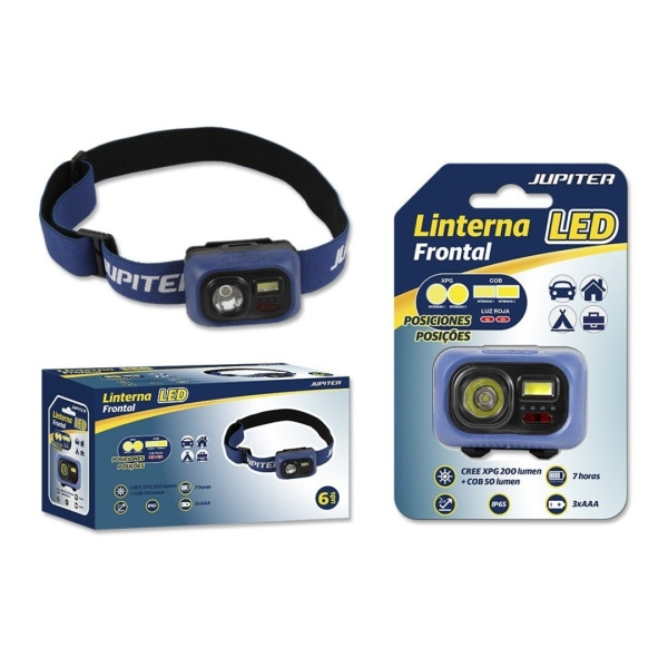 Jupiter Linterna Frontal LED 200lm + COB 50lm - Resistencia IP65 - Goma Ajustable para Cabeza - Funciona con 3 Pilas AAA (No Inc