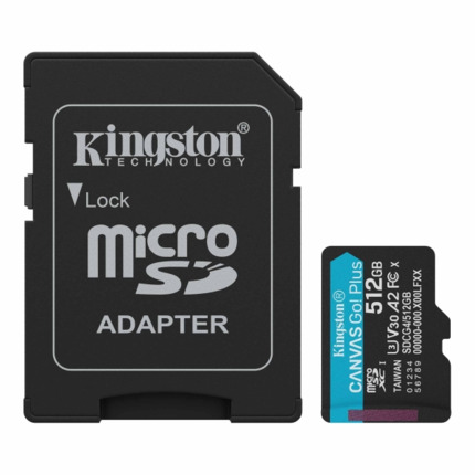 Kingston Tarjeta Micro SDXC 512GB UHS-I U3 V30 Clase 10 200MB/s Canvas Go Plus con Adaptador