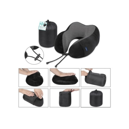 Lagart Almohada Cervical de Viaje con Relleno de Espuma - Funda de Poliester Lavable con Bolsillo - Bolsa de Transporte - Color Negro/Gris