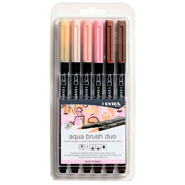 Lyra Aqua Brush Duo Skin Tones Pack 6 Rotuladores de Doble Punta - Punta Pincel 4mm, Punta Fina 2mm - Tinta Base de Agua - Color