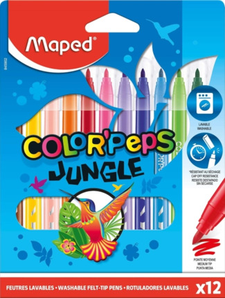 Maped ColorÂ´Peps Jungle Pack de 12 Rotuladores con Punta Media Bloqueada 2mm - Ojival, Suave y Flexible - Tinta Lavable - Colores Surtidos