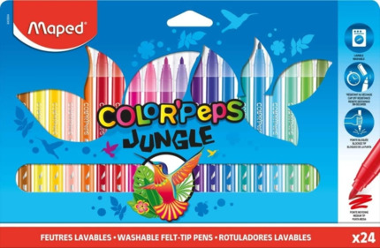 Maped ColorÂ´Peps Jungle Pack de 24 Rotuladores con Punta Media Bloqueada 2mm - Ojival, Suave y Flexible - Tinta Lavable - Colores Surtidos