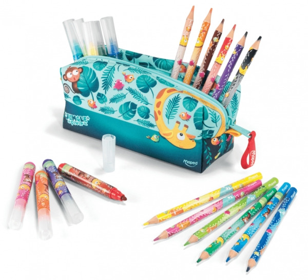 Maped Jungle Fever Bebes Estuche de Tela con 12 Lapices de Colores Jumbo Jungle Fever (A partir de 2 años) y 12 Rotuladores de
