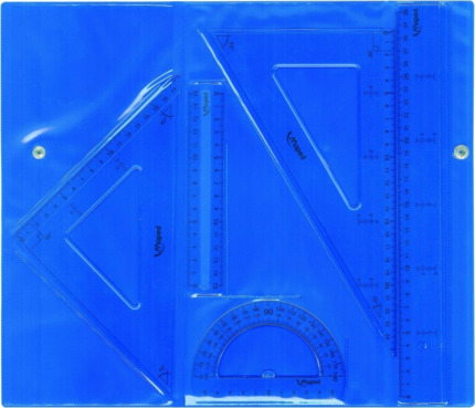 Maped Pack de Instrumentos de Dibujo - Regla de 30cm, Regla de 15cm, Escuadra, Cartabon y Transportador - Estuche con Cierre en Colores Surtidos - Transparentes