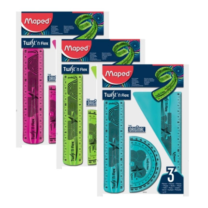 Maped TwistÂ´n Flex Original Pack de Reglas Flexibles - Regla 15cm, Cartabon 60Âº/15cm, Transportador 180Âº/10cm - Colores Surtidos Aleatorios
