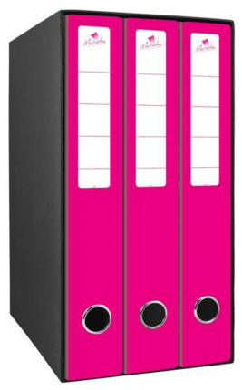 Mariola Box Modulo de 3 Archivadores con Rado 2 Anillas 40mm - Tamaño 35x26x17cm - Carton Forrado - Color Fucsia