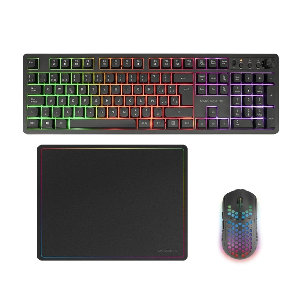 Mars Gaming MCPWX Combo Pack Gaming 3en1 - Teclado Hibrido H-Mech - Disposicion QWERTY ES - Raton 3200dpi - Switches HUANO - Col