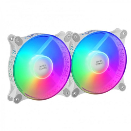 Mars Gaming MF-DUO Kit de Ventiladores - Iluminacion 360Âº FRGB RAINBOW - Ultra Silencioso - Conectividad 3PIN+4PIN - 2 Unidades - Color Blanco