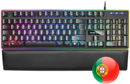Mars Gaming Teclado MK320 - 439x135x37mm - H-MECH, Iluminacion RGB, Reposamuñecas Acolchado - Ergonomia y Prestaciones Profesionales - Color Negro