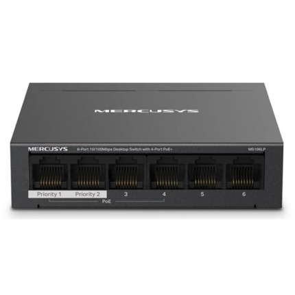 Mercusys Switch 6 Puertos RJ45 10/100Mbps - 4 Puertos PoE - Largo Alcance hasta 250m en Modo Extendido - Carcasa de Metal