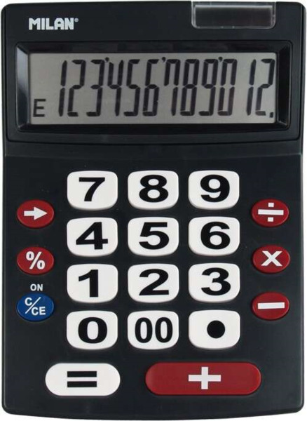 Milan Calculadora 12 Digitos Extra Grande - Teclas Grandes - Tecla Rectificacion Entrada de Datos - Apagado Automatico - Color N