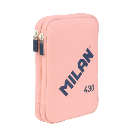 Milan Coleccion 430 Plumier de 2 Pisos con 2 Gomas de Borrar, Sacapuntas, Lapiz, Boligrafo P1 Touch Azul, Regla, 12 Lapices de Colores y 18 Rotuladores - Color Rosa