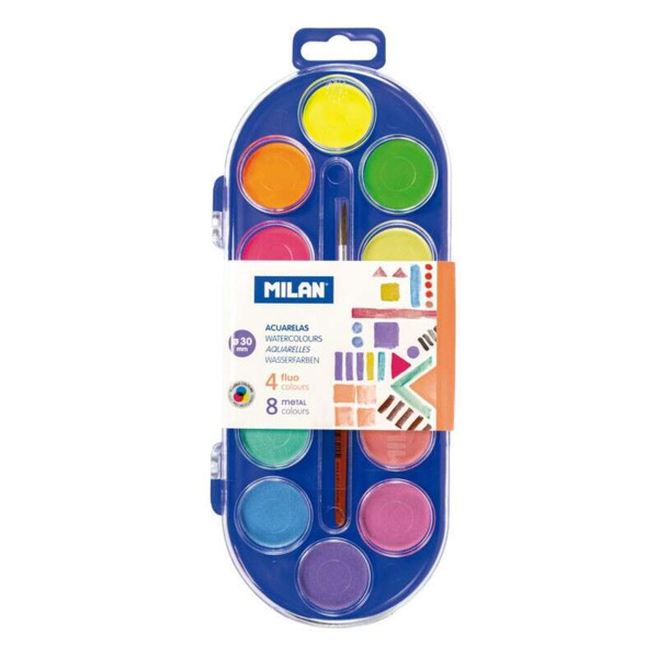 Milan Estuche de 12 Acuarelas Ã30 mm + Pincel Serie 101 - Mezclable - Colores Fluorescentes y Metalizados