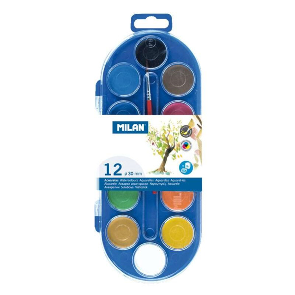 Milan Estuche de 12 Acuarelas Ã30 mm + Pincel  Serie 101 - Mezclable - Colores Surtidos