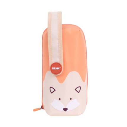 Milan Fun Animals Pack de 4 Estuches con Contenido de Serie - Contenido: Goma de Borrar, 2 Sacapuntas, Lapiz, 1 Boligrafo Sway Azul y 2 Boligrafos P1 Touch Negro y Rojo, Regla de 15cm, 10 Lapices de Colores Ergo y 12 Rotuladores - Color Naranja/Beige