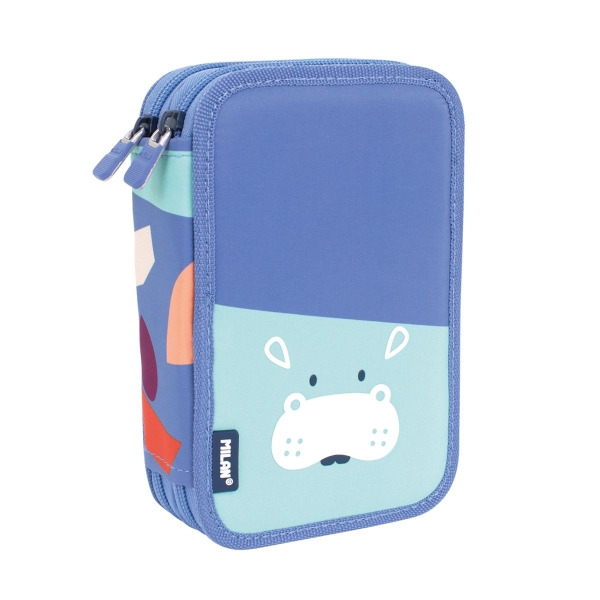Milan Fun Animals Plumier de 2 Pisos con 2 Gomas de Borrar, Sacapuntas, Lapiz, Boligrafo Capsule, Regla, 12 Lapices de Colores y