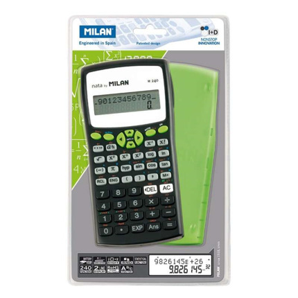 Milan M240 Calculadora Cientifica 10+2 Digitos - Pantalla de 2 Lineas - 240 Funciones Integradas Incluyendo 124 Cientificas - Carcasa Protectora Verde - Color Negro/Blanco/Verde/Gris