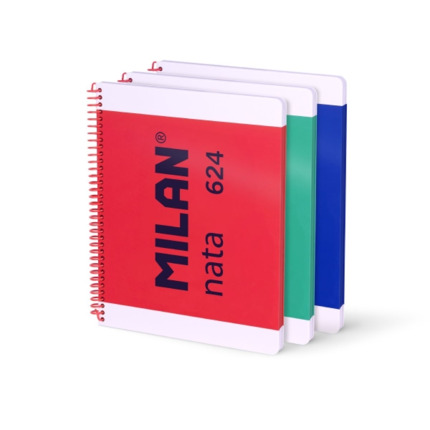 Milan Nata 624 Pack de 3 Cuadernos Espiral Formato A4 Cuadricula 5mm - 80 Hojas de 95 gr/m2 - Microperforado, 4 Taladros - Colores Surtidos