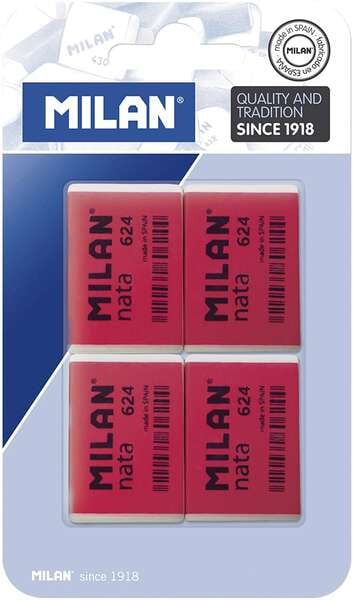 Milan Nata 624 Pack de 4 Gomas de Borrar Rectangulares - Plastico - Suave - No Abrasiva - Color Rojo/Blanco