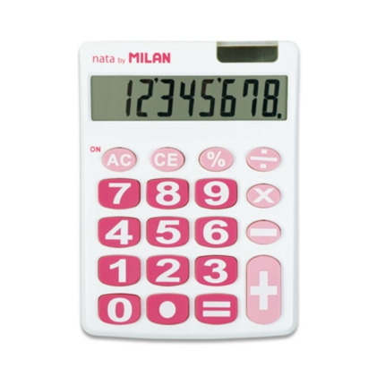 Milan Nata Calculadora de Sobremesa 8 Digitos - Teclas Grandes - Apagado Automatico - Color Blanco y Rosa