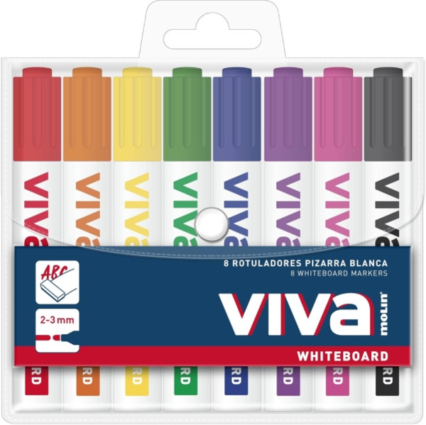 Molin Viva Pack de 8 Rotuladores para Pizarra Blanca - Punta Redonda de Fibra Sintetica - Trazo 3mm - Tinta con Base de Alcohol