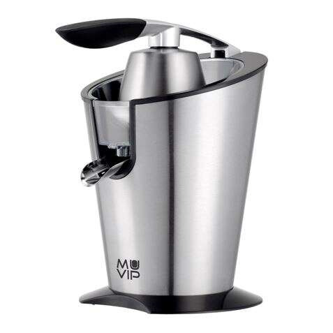 Muvip Exprimidor Electrico Inox 600W - Cuerpo, Mango y Filtro de Acero Inoxidable - Sistema Antigoteo - 2 TamaÃ±os de Conos