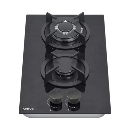 Muvip MV0627 Cocina de Gas Encastrable - 2 Zonas de Coccion de 26cm - Quemador y Soportes de Hierro Fundido - Cristal Templado de Alta Resistencia - Sistema de Encendido Electrico - Dispositivo de Seguridad Apagado de Llama