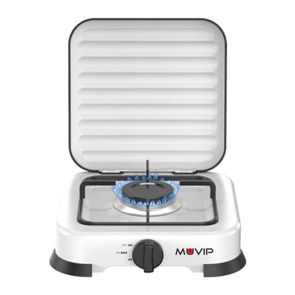 Muvip Vulcano Cocina de Gas con 1 Fuego - Tapa Protectora - Patas de Goma - Superficie Esmaltada - Quemador Extraible - 26.8x26x8x5.9cm - Color Blanco