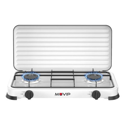 Muvip Vulcano Cocina de Gas con 2 Fuegos - Tapa Protectora - Patas de Goma - Superficie Esmaltada - Quemador Extraible - 57.7x27.8x5.3cm - Color Blanco