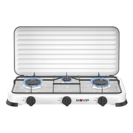 Muvip Vulcano Cocina de Gas con 3 Fuegos - Tapa Protectora - Patas de Goma - Superficie Esmaltada - Quemador Extraible - 57.7x27.8x5.3cm - Color Blanco