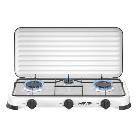 Muvip Vulcano Cocina de Gas con 3 Fuegos - Tapa Protectora - Patas de Goma - Superficie Esmaltada - Quemador Extraible - 57.7x27