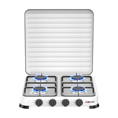 Muvip Vulcano Cocina de Gas con 4 Fuegos - Tapa Protectora - Patas de Goma - Superficie Esmaltada - Quemador Extraible - 47.8x47