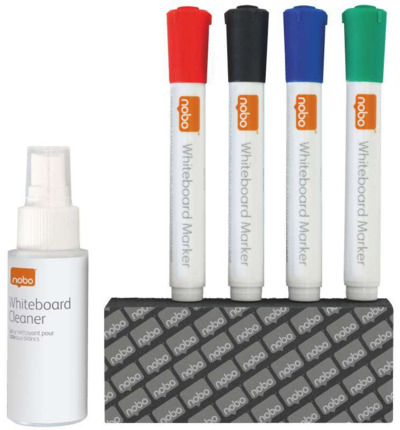 Nobo Pack de Accesorios para Pizarra Blanca - Incluye: 4 Rotuladores Pizarra, Borrador y Spray Limpiador 50Ml - Colores de los Rotuladores Negro, Azul, Rojo, Verde
