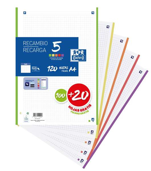 Oxford 5 Recambio de 120 Hojas Formato A4 Cuadriculado 5x5mm 4 Taladros - Banda de 5 Colores Vivos