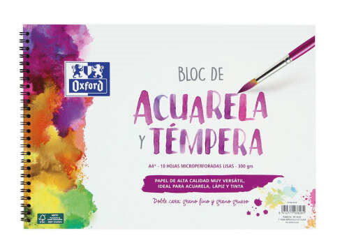 Oxford Bloc de Acuarela y Tempera Escolar Espiral Formato A4+ Liso - 10 Hojas Microperforadas 300gr Color natural - Papel de Dob